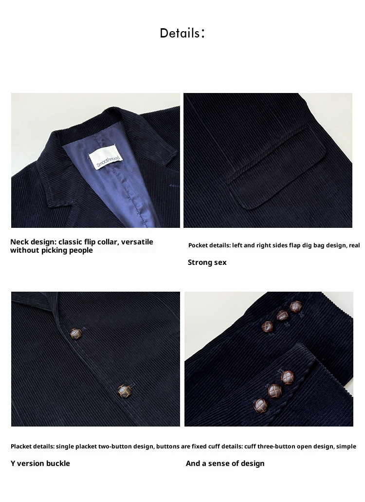 ragazza Ragazza Coreana SMO*THMO*D Retro Velluto a coste Blu Navy Blazer Elastico in Vita Gonna Set per Donna Primavera e Autunno_voghion.com