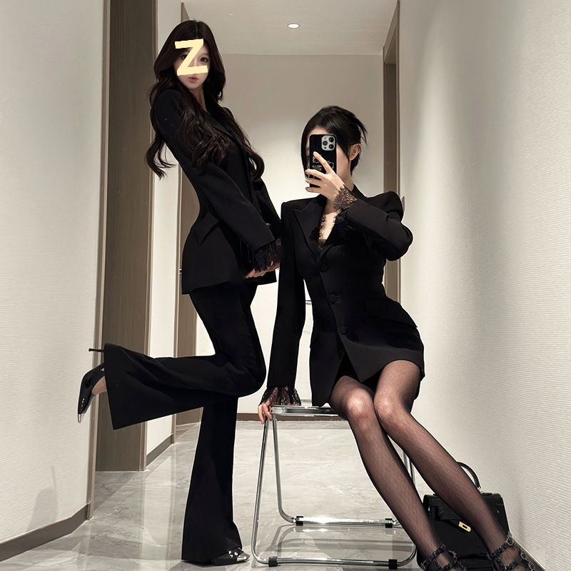 Ragazza Ragazza Blazer con maniche patchwork in pizzo nero per donna, elegante set casual da due pezzi per autunno inverno con pantaloni lunghi_voghion.com