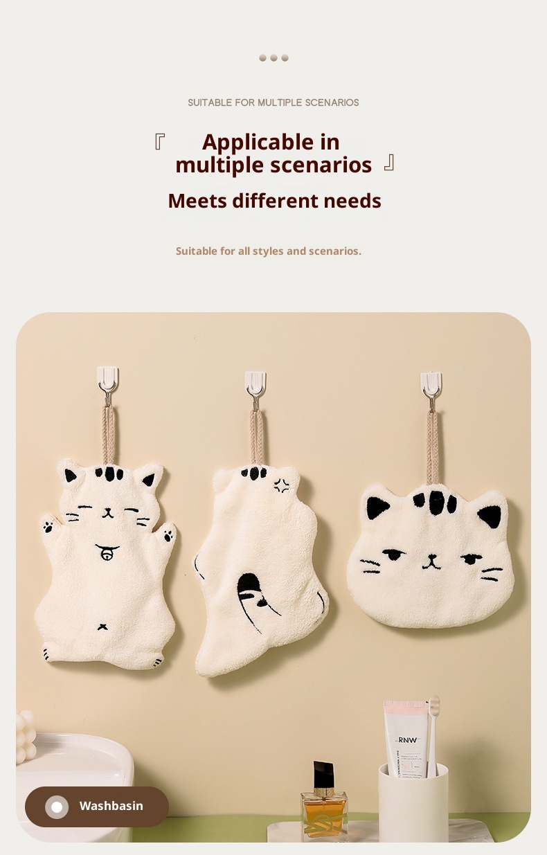 Lillian Absorbent Cute Cat Bathroom Kitchen Hanging Non-Shedding Coral Fleece Small Hand Towel_voghion.com