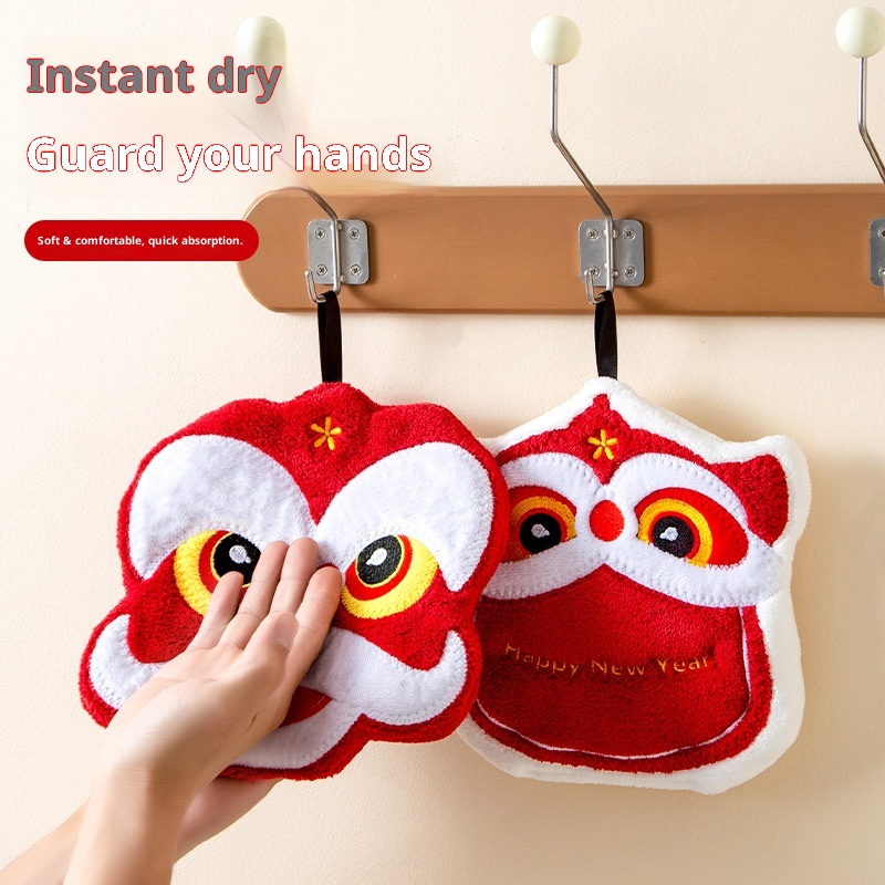 Lillian Spring Festival Red Hanging Hand Absorbent Cloth Three-Layer Thickened Coral Fleece Kitchen Towel Handkerchief Dry Hands_voghion.com