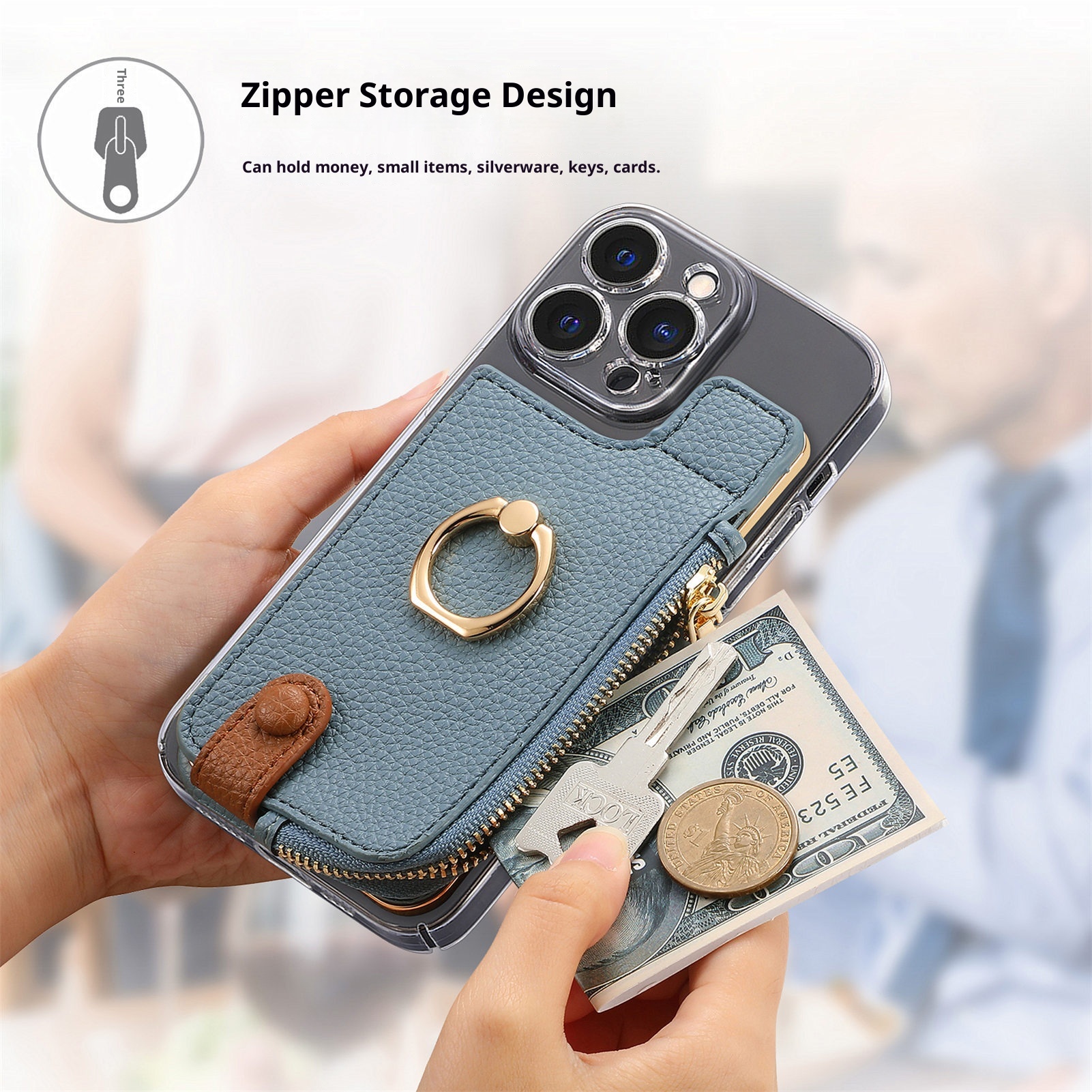 Portafoglio da polso in pelle con clip per monete e adesivo posteriore TechGlobe, porta carte d'identità antifurto RFID_voghion.com