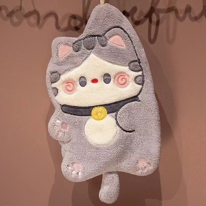 Lillian Cat Cute Hanging Coral Fleece Absorbent Small Kitchen Cloth Children's Hand Towel_voghion.com