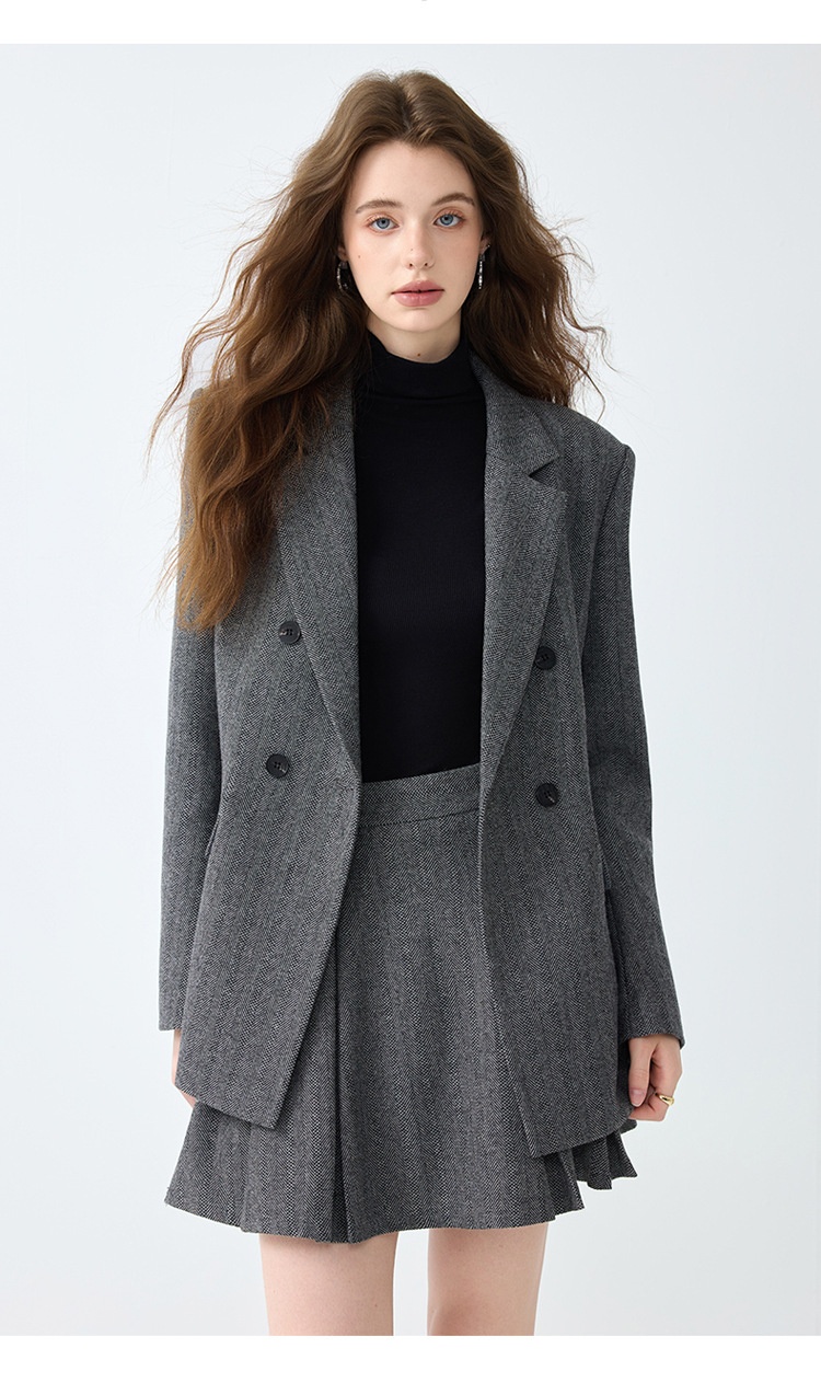 Grauer Blazer für Damen, Frühjahr/Herbst 2025 – Neues, lässiges und hochwertiges Business-Set in kleinen Größen mit Faltenrock_voghion.com