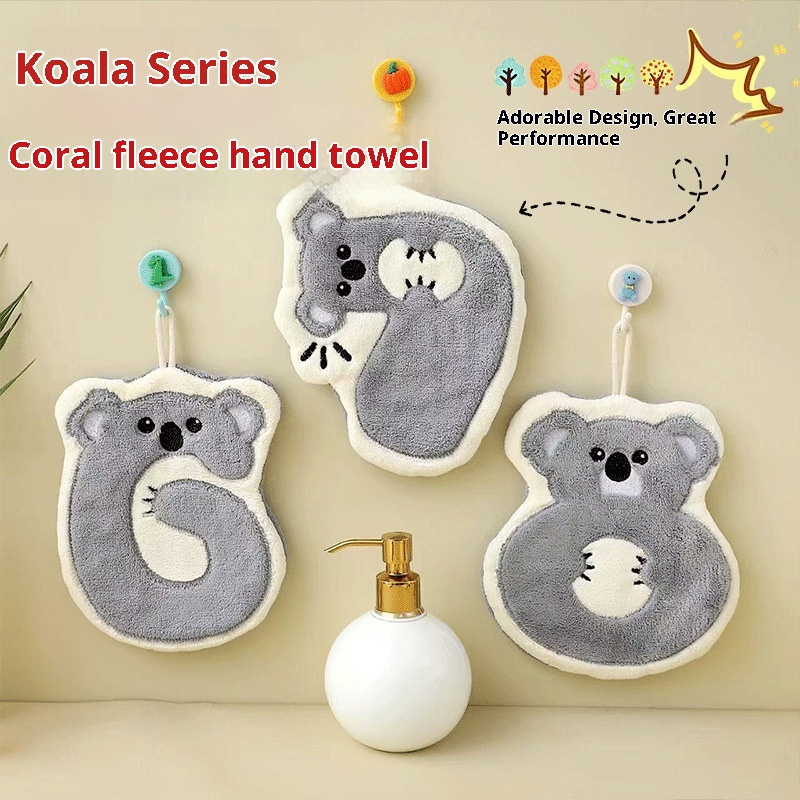 Lillian Digital Koala Hand Coral Fleece Hanging Kitchen Bathroom Towel Children's Handkerchief Super Absorbent_voghion.com