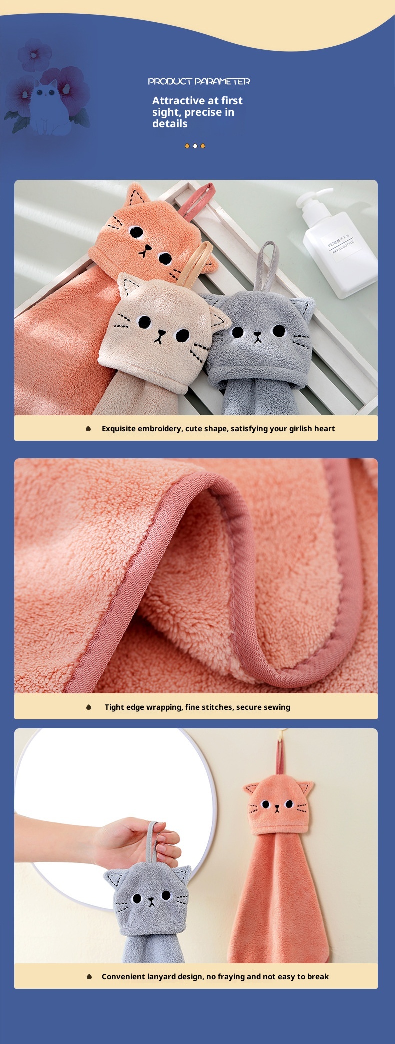 Lillian Korallenvlies Niedliches Katzen-Stickerei Hand Hängendes Saugfähiges Küchen-Badezimmer-Doppelverwendungs-Quadrathandtuch Großhandel_voghion.com