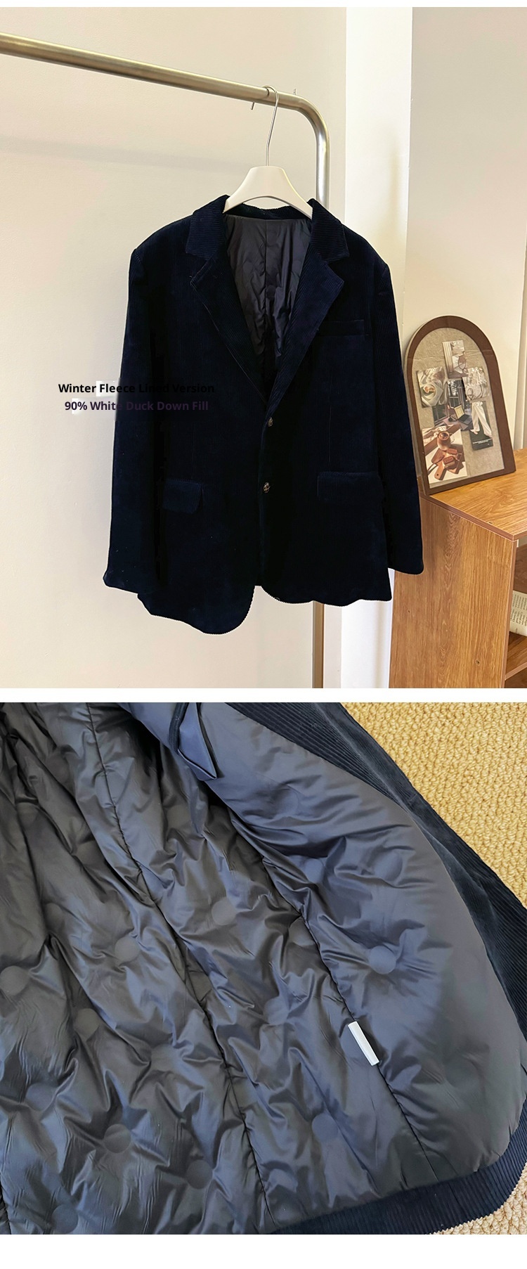 ragazza Ragazza Coreana SMO*THMO*D Retro Velluto a coste Blu Navy Blazer Elastico in Vita Gonna Set per Donna Primavera e Autunno_voghion.com