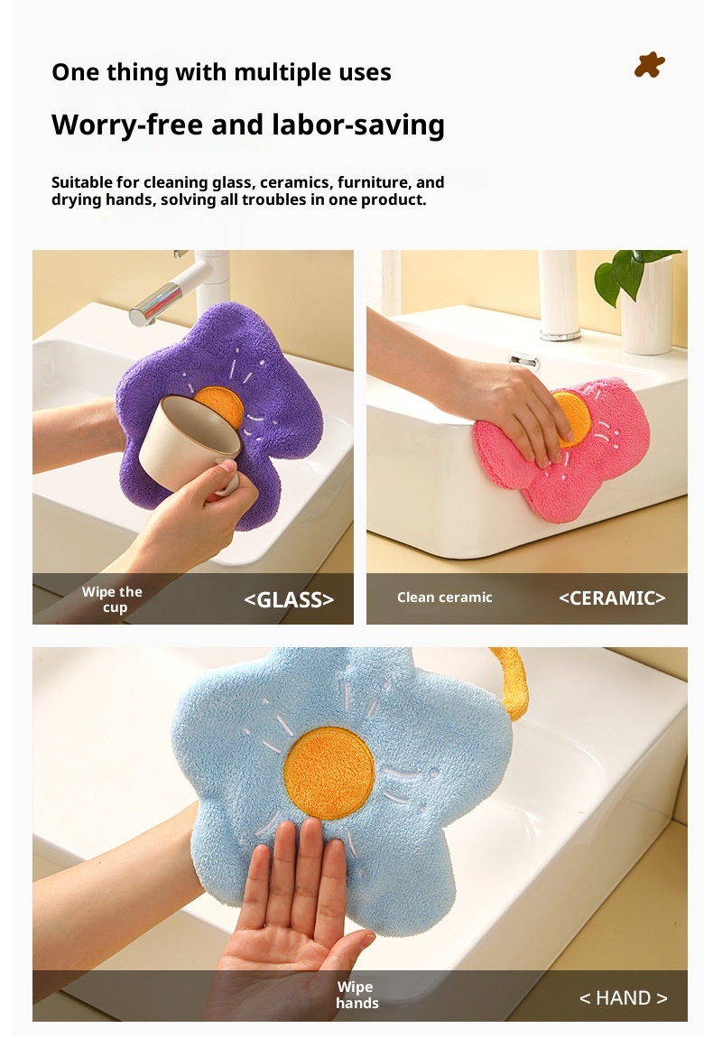 Lillian Hängendes Korallenvlies Kreatives Blumen-Cartoon-Handtuch für Erwachsene, Küche, Bad, Großhandel_voghion.com