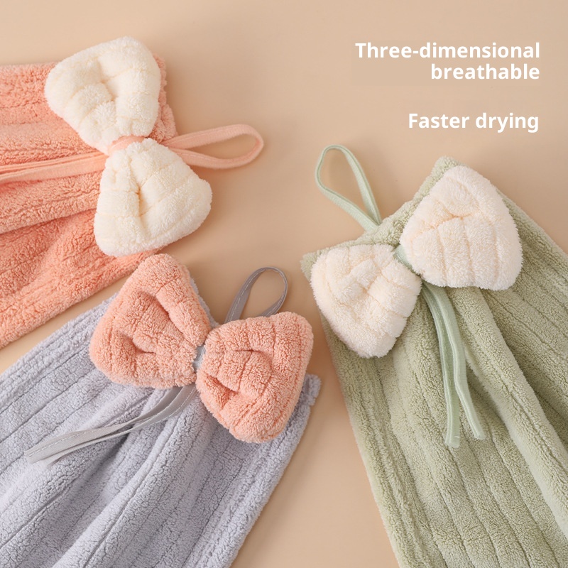 Lillian Hanging Cute Cartoon Bowknot Absorbent Towel Coral Fleece Bathroom Kitchen Hand Cloth_voghion.com