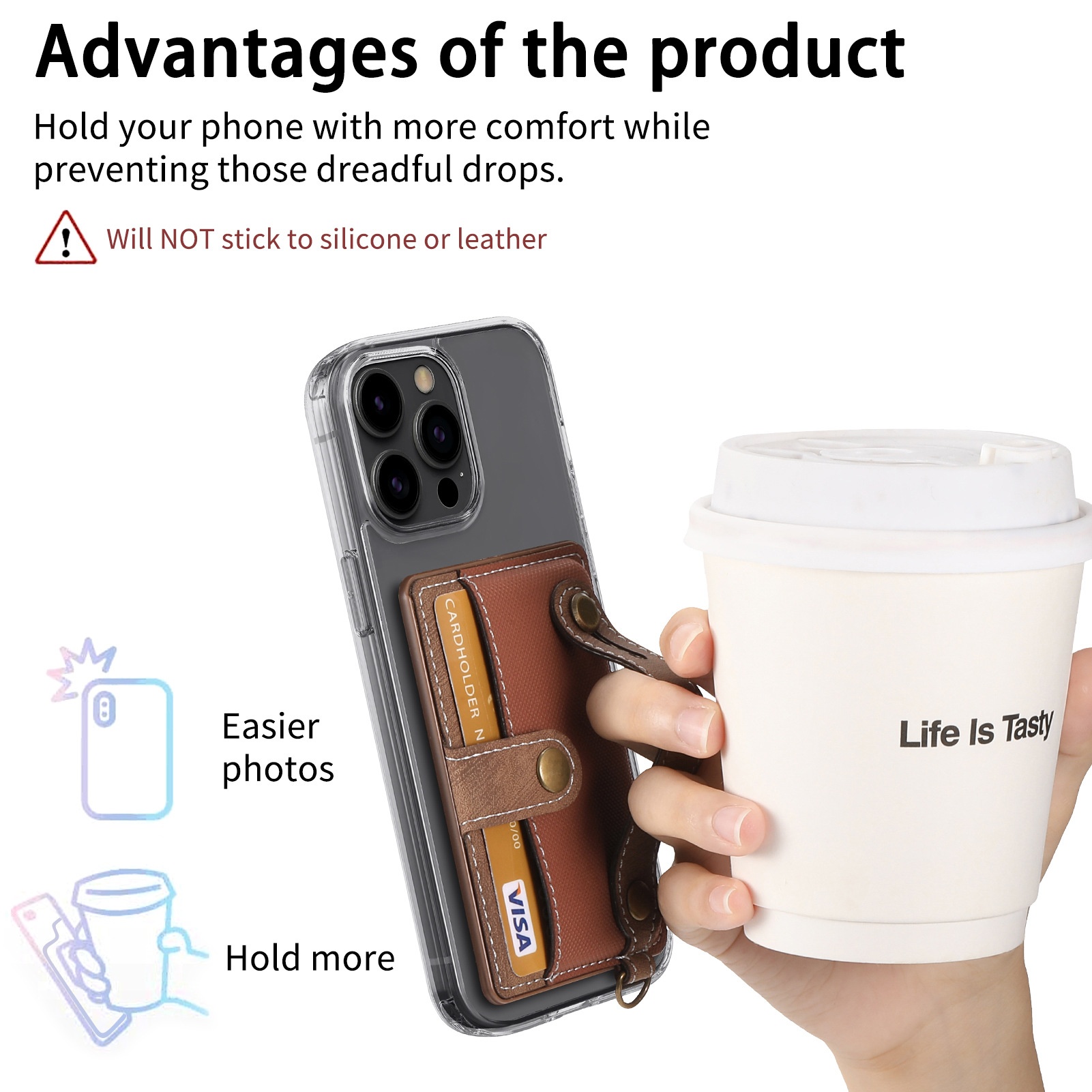 TechGlobe Multifunktionale Halterung mit 3M-Kleberückseite, Handgelenkschlaufe, Kartenfach, Münzclip, Ständer, Handytasche aus PU-Leder_voghion.com