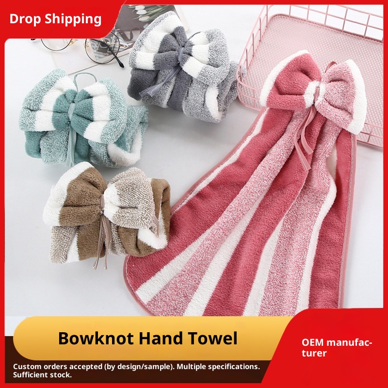 Lillian Coral Fleece Wide Ribbon Bow Kitchen Bathroom Hand Soft Absorbent Hanging Towel Cloth_voghion.com