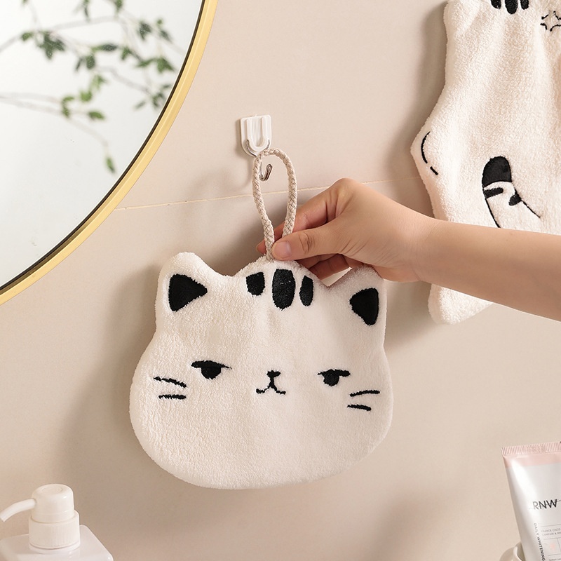 Lillian Absorbent Cute Cat Bathroom Kitchen Hanging Non-Shedding Coral Fleece Small Hand Towel_voghion.com