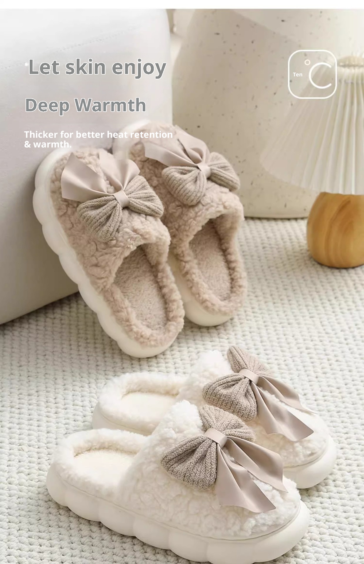 Zees Closed-Toe Cotton Autumn And Indoor Bowknot Warm Thick-Soled Home Furry Slippers For Women, Postpartum Winter_voghion.com