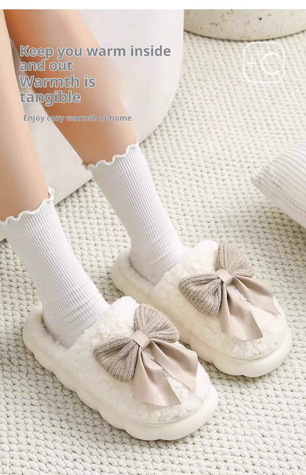 Zees Closed-Toe Cotton Autumn And Indoor Bowknot Warm Thick-Soled Home Furry Slippers For Women, Postpartum Winter_voghion.com