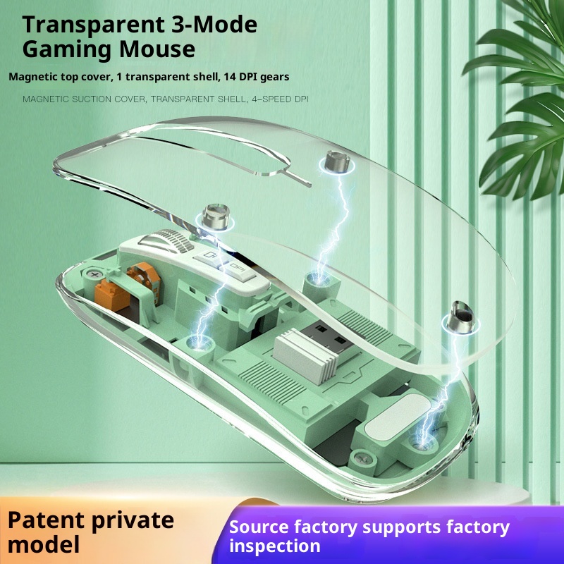 Mouse ottico da gioco silenzioso per computer, modello ricaricabile, trasparente, wireless, Bluetooth, a tre modalità, personalizzato da Techglobe_voghion.com