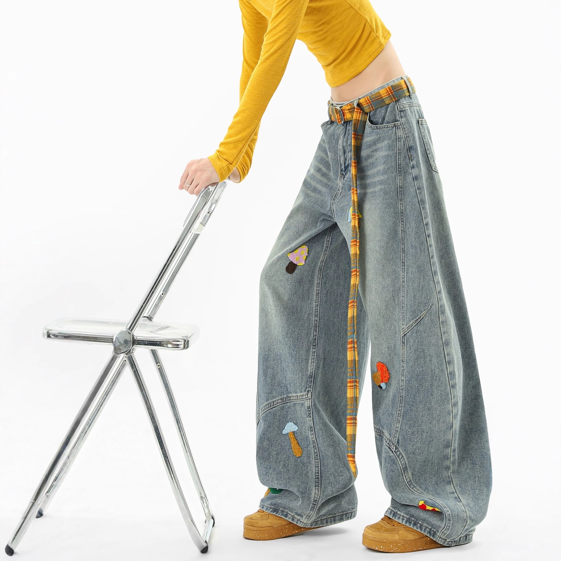 boy Boy American Style Deconstructed Towel Embroidered Jeans Men And Women, Loose Fit Washed Scimitar Pants, Unique Design_voghion.com