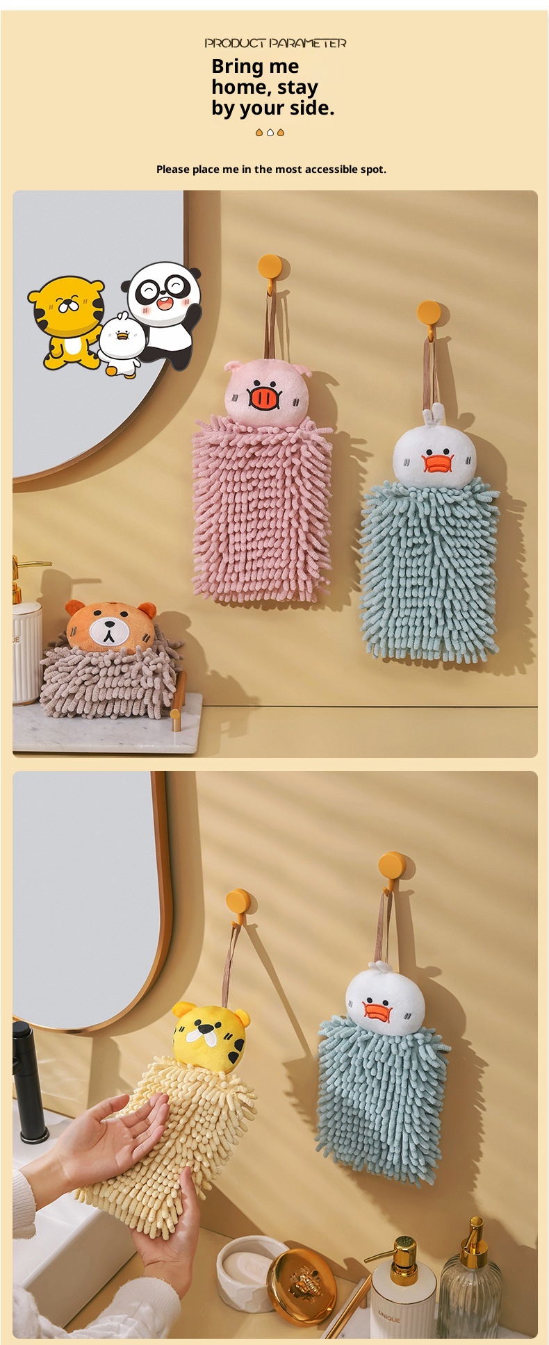 Lillian Cute Cartoon Chenille Ball Kitchen Bathroom Hanging Hand Absorbent Towel Thickened_voghion.com