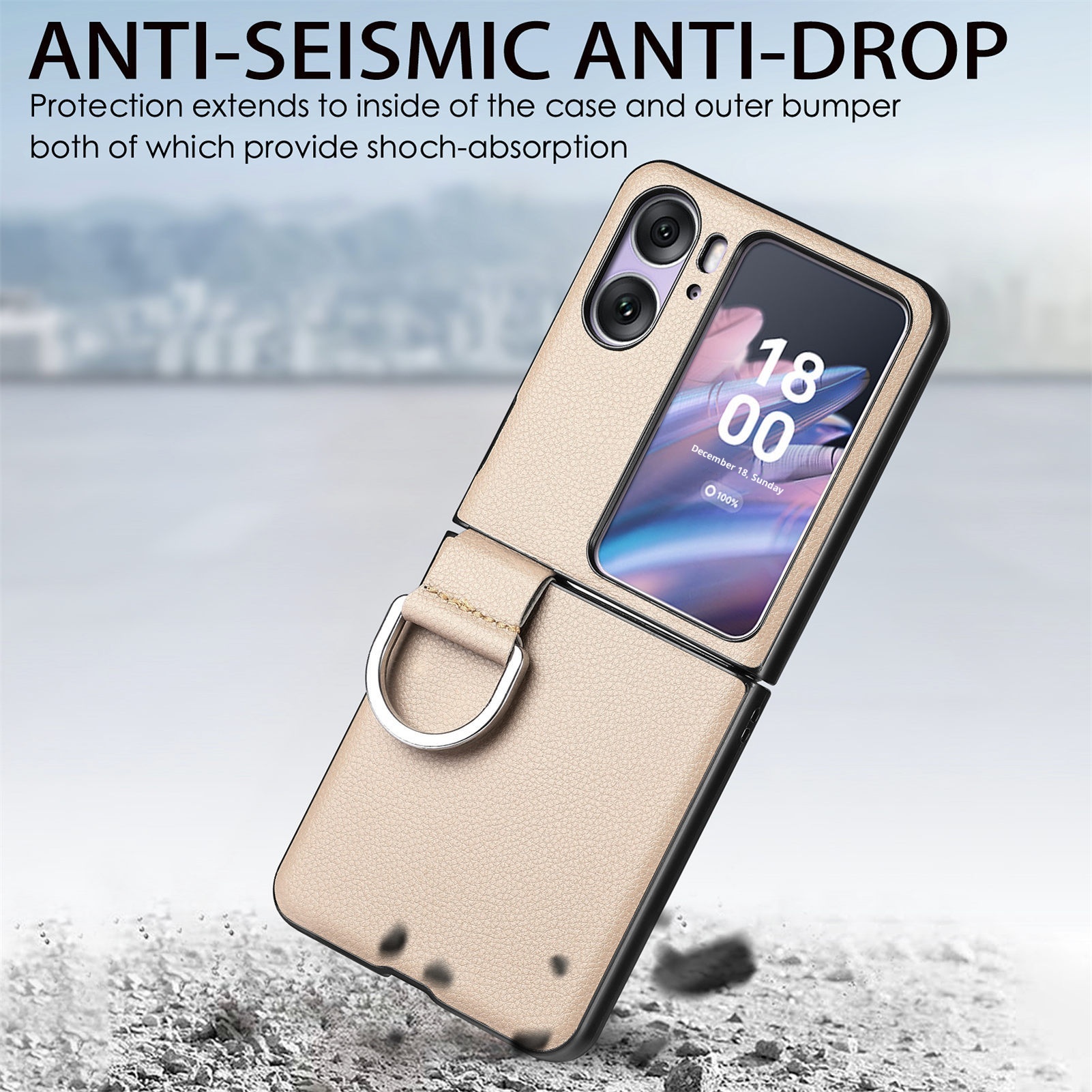 TechGlobe Compatibel met Oppo Find N3 Flip-telefoonhoesje Lychee-patroon Effen kleur Leren ringhouder Omhoog en omlaag vouwbaar scherm_voghion.com