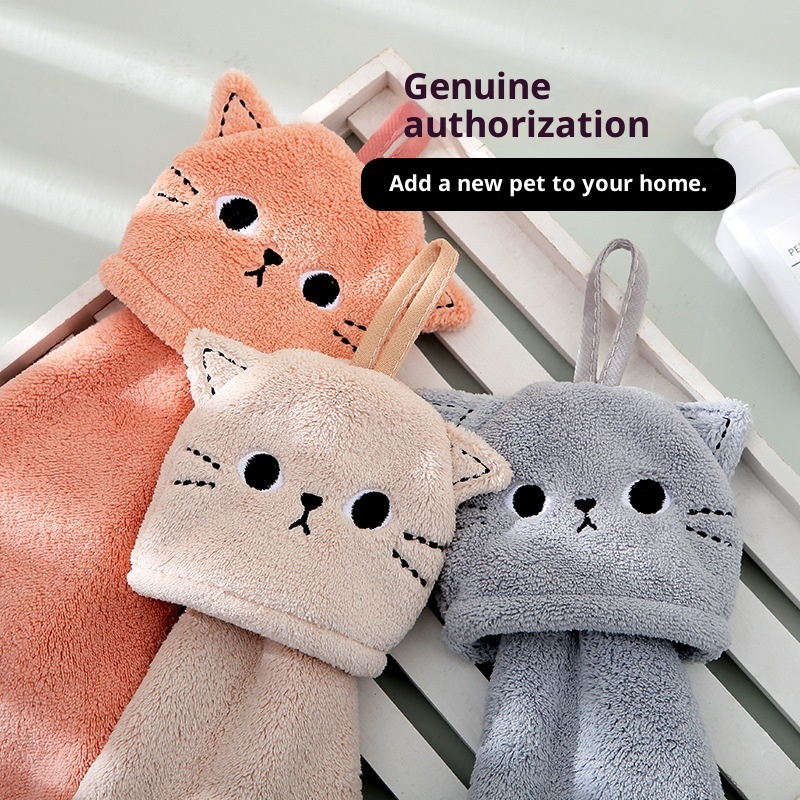 Lillian Korallenvlies Niedliches Katzen-Stickerei Hand Hängendes Saugfähiges Küchen-Badezimmer-Doppelverwendungs-Quadrathandtuch Großhandel_voghion.com