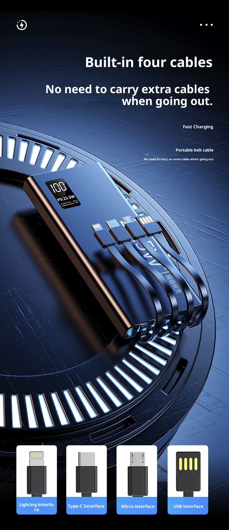 techglobe 22.5W Two-Way Fast Charging Built-in Cable Power Bank 20000mAh Large Capacity Portable Custom Creative_voghion.com