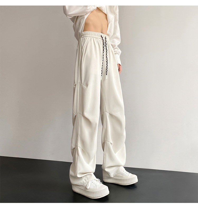 boy Wrinkled Draped Casual Men Summer New Trendy Loose Wide-Leg Ice Silk High-End Paratrooper Cargo Pants_voghion.com
