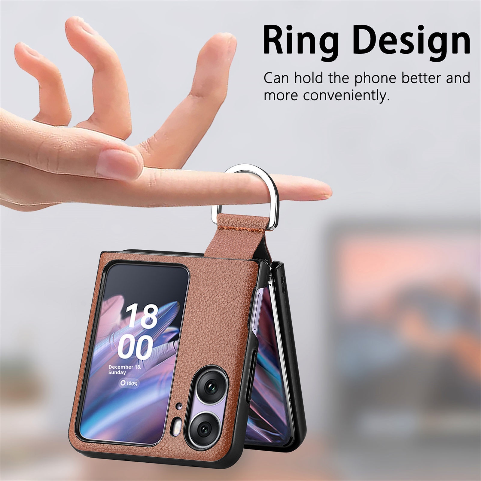 TechGlobe Compatibel met Oppo Find N3 Flip-telefoonhoesje Lychee-patroon Effen kleur Leren ringhouder Omhoog en omlaag vouwbaar scherm_voghion.com