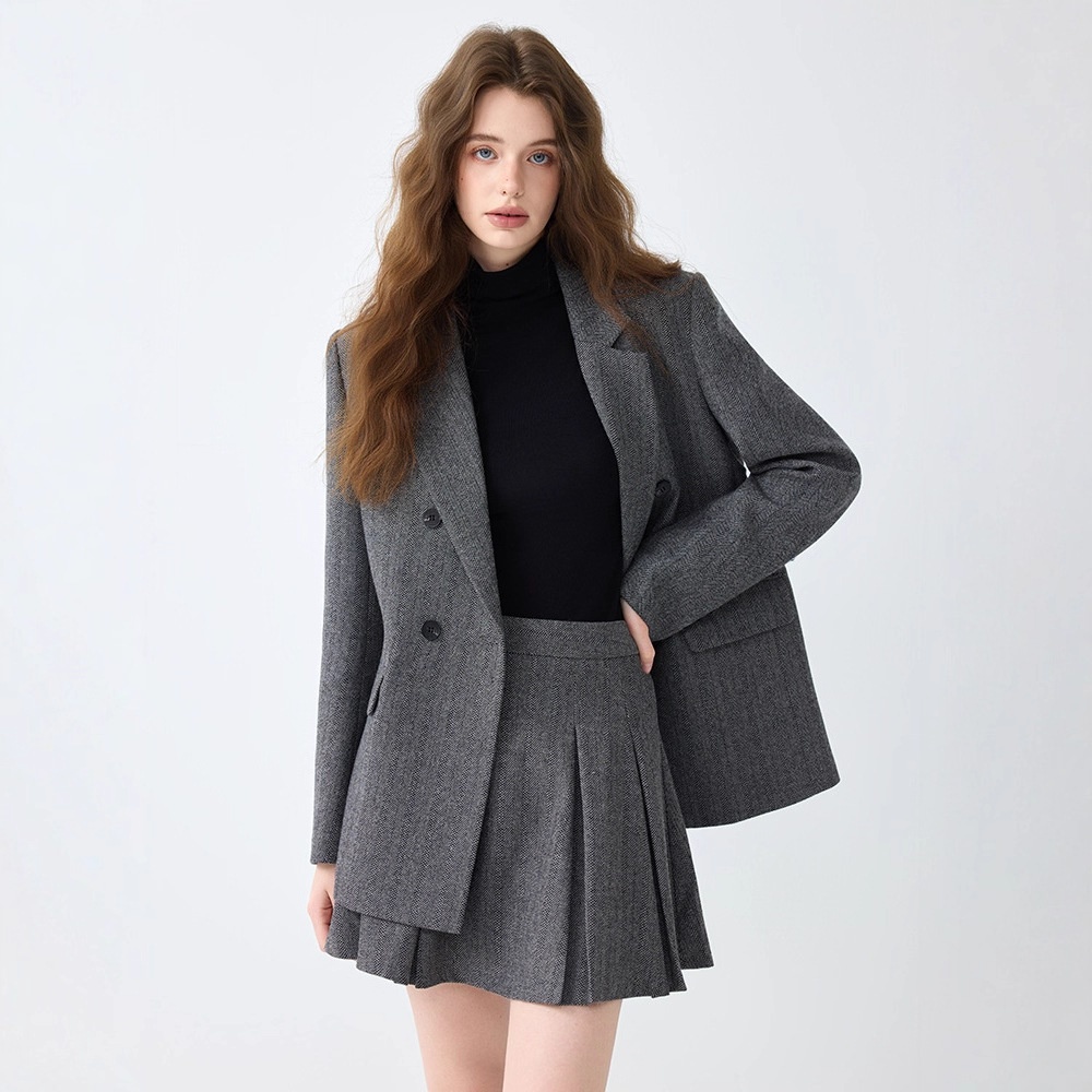 Grauer Blazer für Damen, Frühjahr/Herbst 2025 – Neues, lässiges und hochwertiges Business-Set in kleinen Größen mit Faltenrock_voghion.com