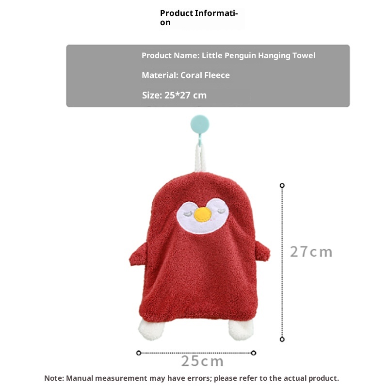 Lillian Cross-Border Source Cute Cartoon Coral Fleece Hand Bathroom Cloth Penguin Hanging Children's Face Towel_voghion.com
