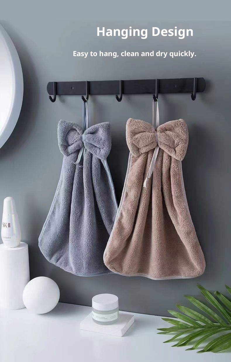 Lillian Cross-Border Bowknot Hand Coral Fleece Absorbent Bathroom Hanging Towel Strong Absorbency Quick-Dry_voghion.com