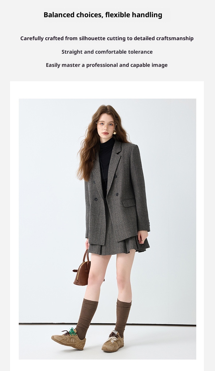 Grauer Blazer für Damen, Frühjahr/Herbst 2025 – Neues, lässiges und hochwertiges Business-Set in kleinen Größen mit Faltenrock_voghion.com