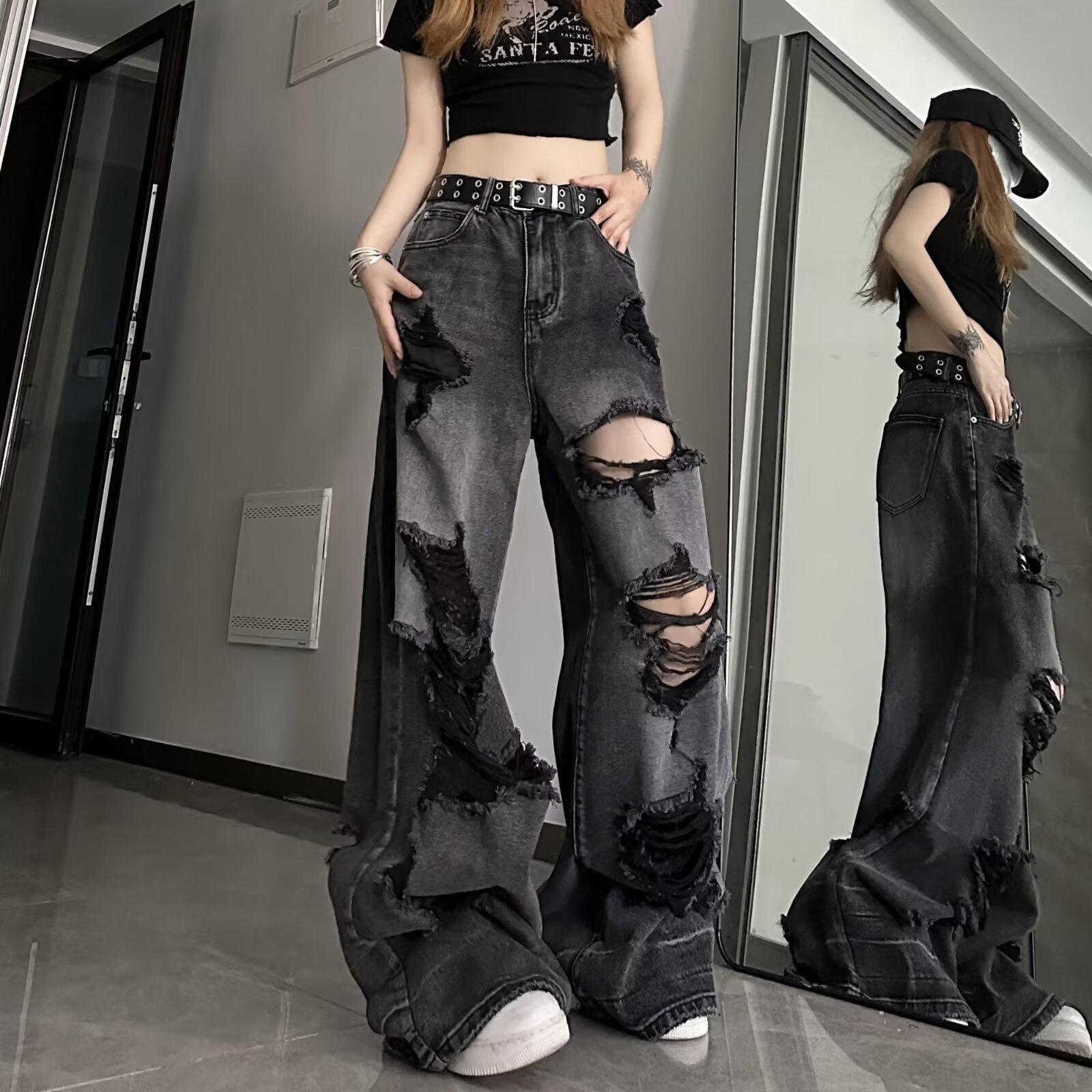 Boy Hong Kong Ripped Jeans Unisex High Street American Pear-Shaped Body European Style Beggar Wide-Leg Long Pants_voghion.com