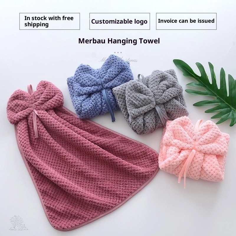 Lillian Pineapple Grid Coral Fleece Thickened Absorbent Hanging Bathroom Kitchen Hand Towel Non-Shedding Soft_voghion.com