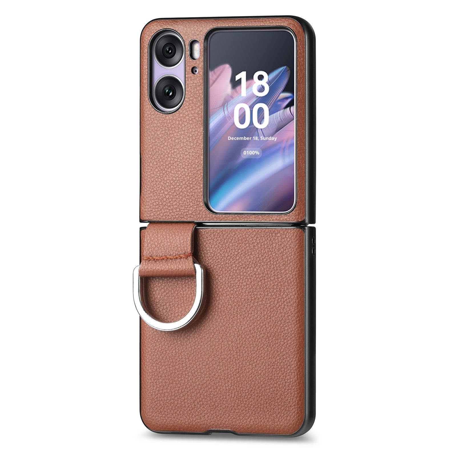 TechGlobe Compatibel met Oppo Find N3 Flip-telefoonhoesje Lychee-patroon Effen kleur Leren ringhouder Omhoog en omlaag vouwbaar scherm_voghion.com