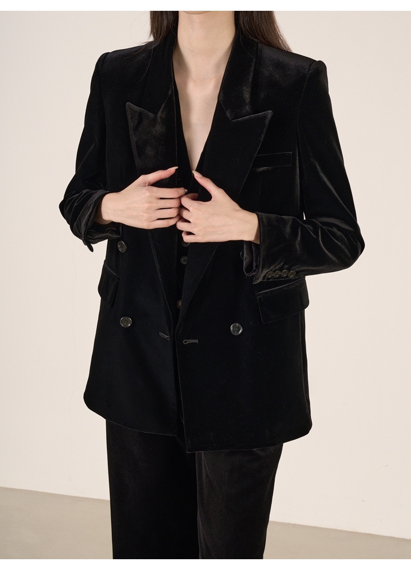 girl Girl YIMENG Light High-End Feel Black Velvet Peak Lapel Women's Blazer Waist-Cinching Vest Straight-Leg Pants Suit_voghion.com