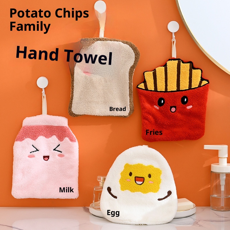 Lillian French Fries Family Hanging Hand Absorbent, Large And Thick, Odorless Coral Fleece Square Towel, Kitchen Handkerchief_voghion.com