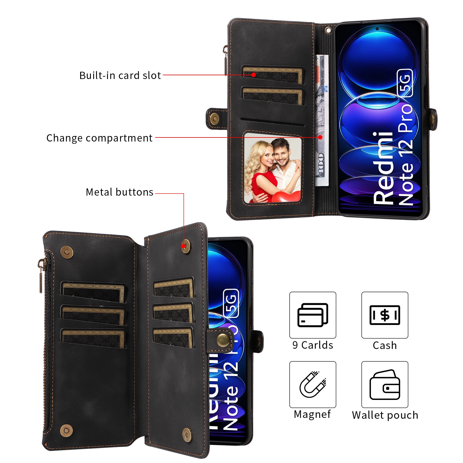 Funda protectora con tapa tipo monedero para Xiaomi 14, compatible con Note 13 Pro, Redmi 12, cuero retro_voghion.com