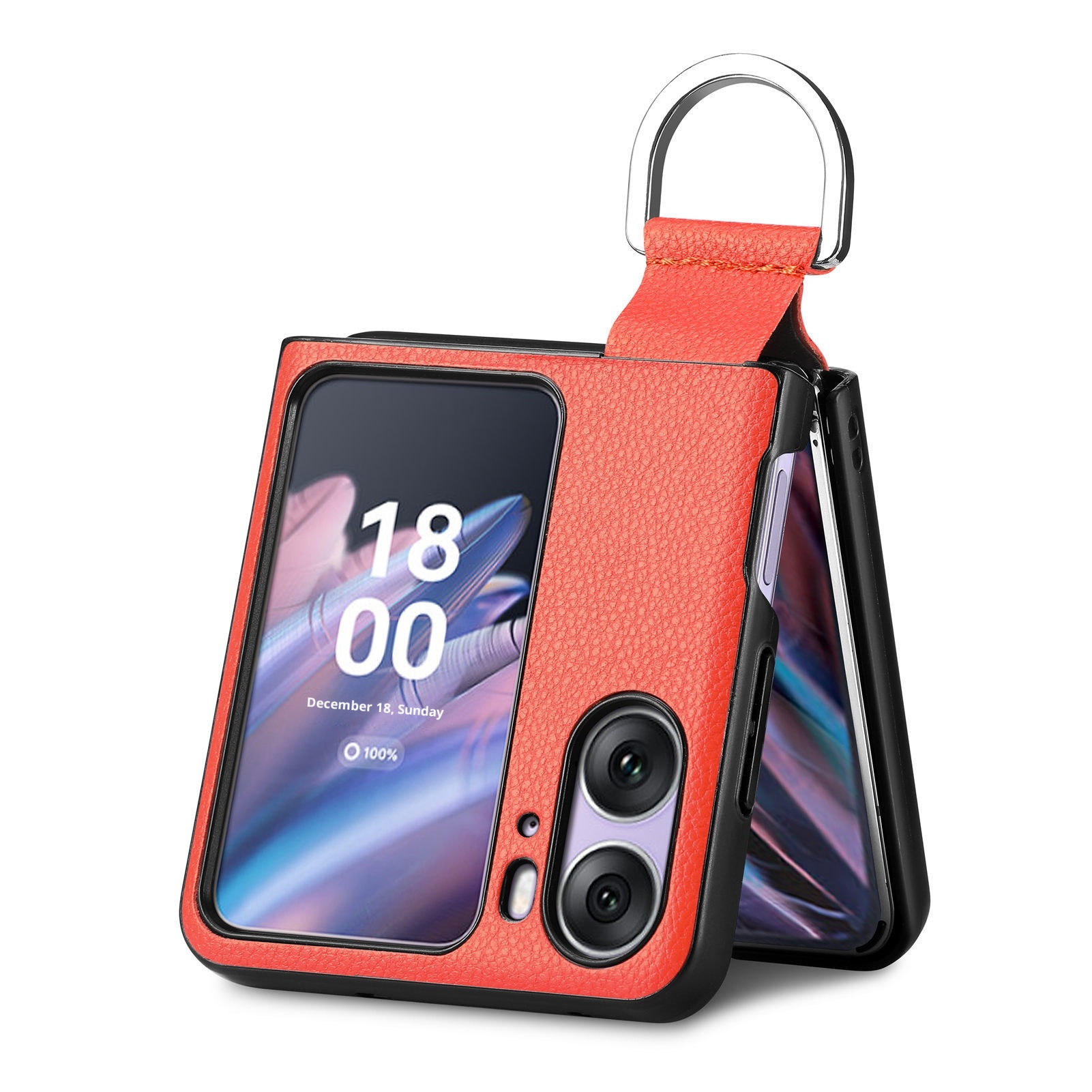 TechGlobe Compatibel met Oppo Find N3 Flip-telefoonhoesje Lychee-patroon Effen kleur Leren ringhouder Omhoog en omlaag vouwbaar scherm_voghion.com