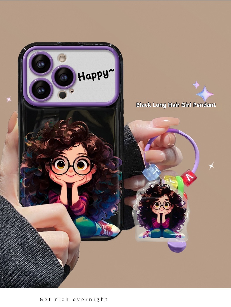 TechGlobe Compatible With 15 Pro Max Phone Case IPhone 14 Curly Hair Glasses Girl Pendant 13 Flip Cover Mirror Silicone_voghion.com