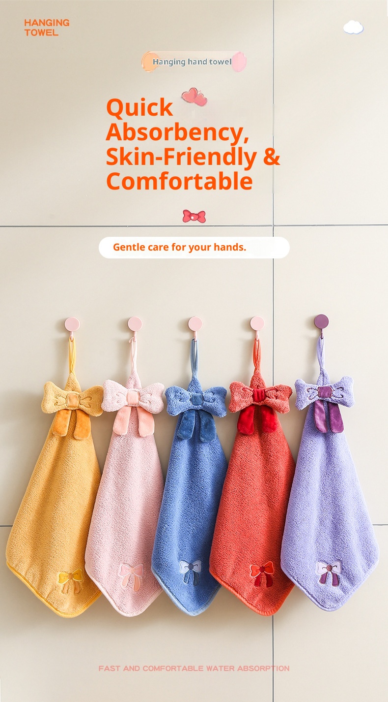 Lillian Asılı Fiyonklu Sevimli Karikatür Mercan Polar Kumaş Mutfak Banyo Emici El Havlusu_voghion.com