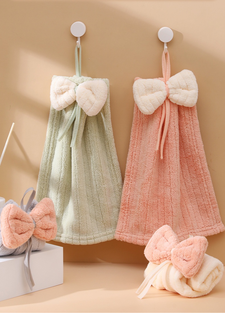 Lillian Hanging Cute Cartoon Bowknot Absorbent Towel Coral Fleece Bathroom Kitchen Hand Cloth_voghion.com