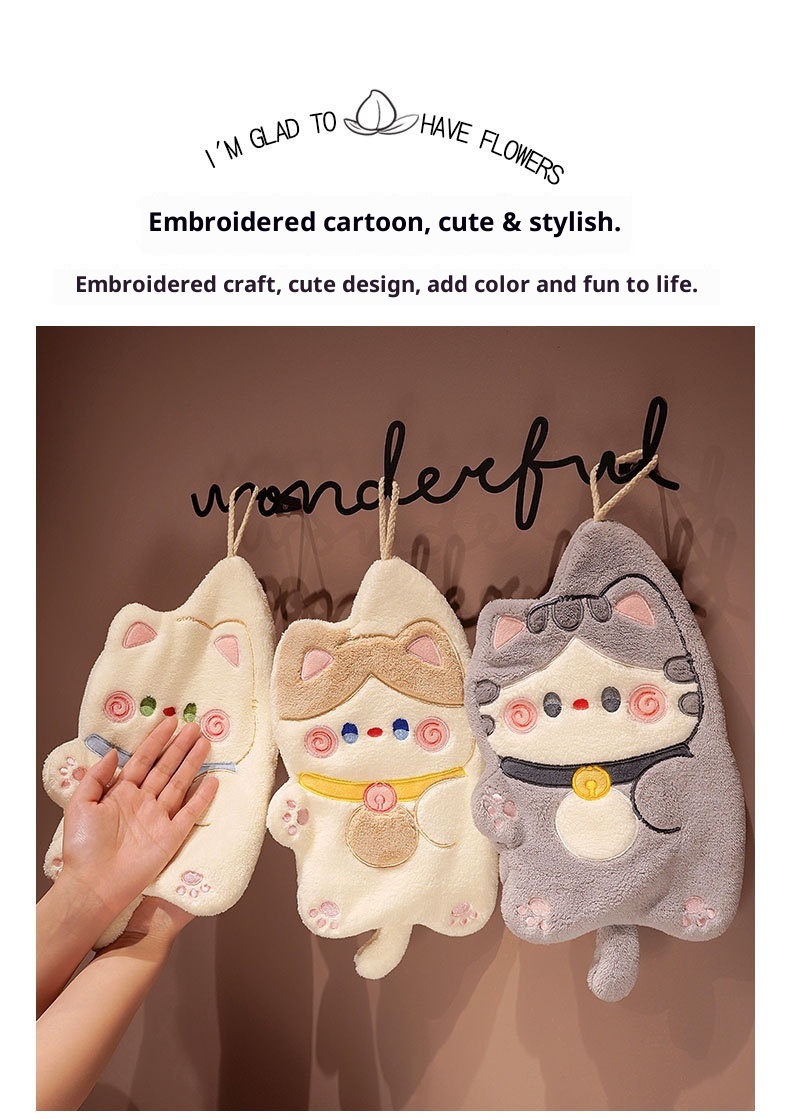 Lillian Cat Cute Hanging Coral Fleece Absorbent Small Kitchen Cloth Children's Hand Towel_voghion.com