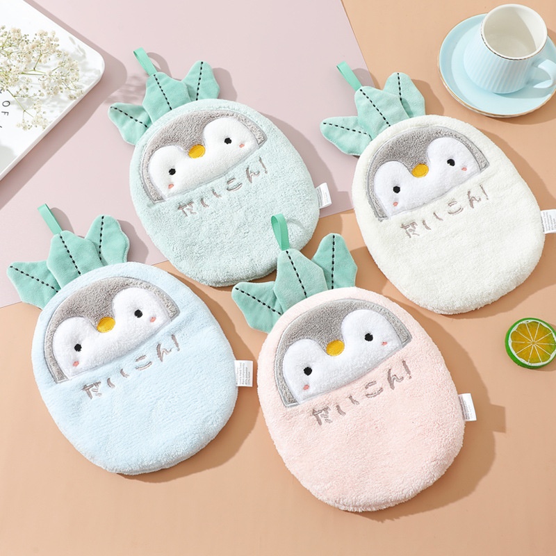 Lillian Japanese Style Cartoon Penguin Towel Hanging Cute Double Layer Thickened Absorbent Hand Bathroom Kitchen Wiping Cloth_voghion.com
