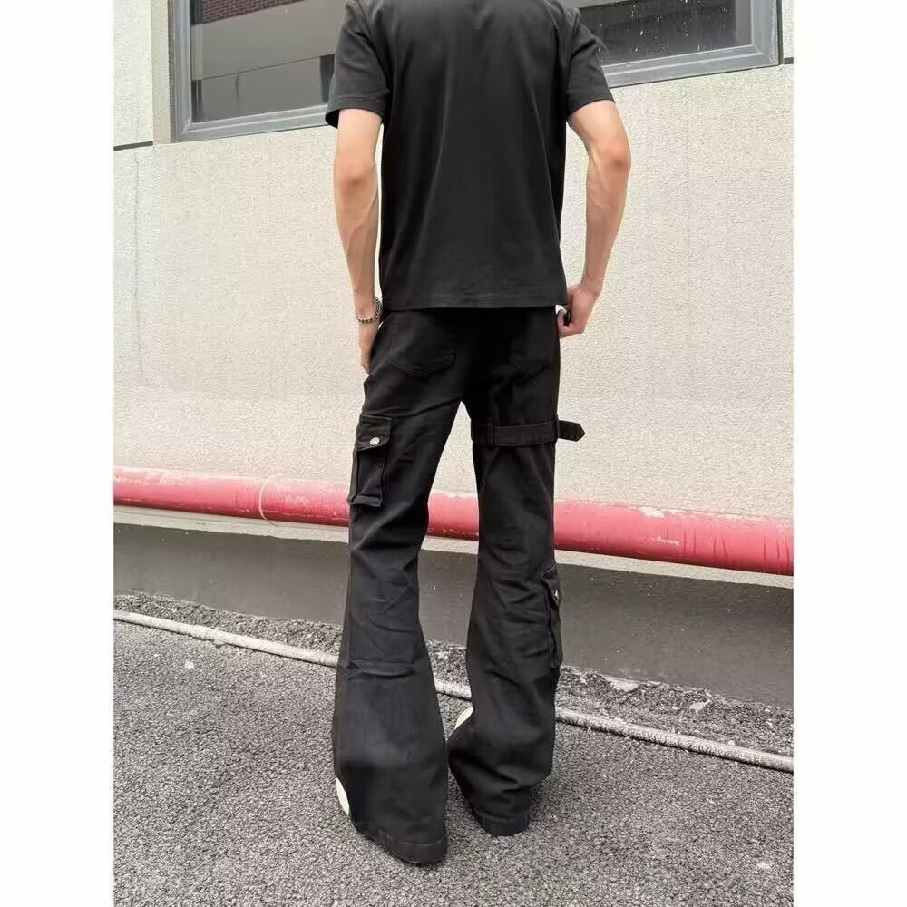 Jean cargo évasé à lacets noir pour homme, collection printemps-automne, style américain tendance, coupe slim et jambes pattes d'éléphant._voghion.com