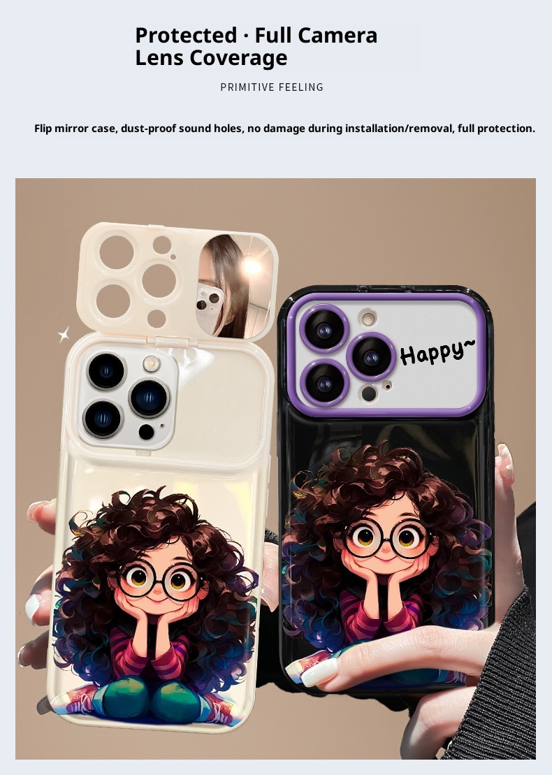 TechGlobe Compatible With 15 Pro Max Phone Case IPhone 14 Curly Hair Glasses Girl Pendant 13 Flip Cover Mirror Silicone_voghion.com