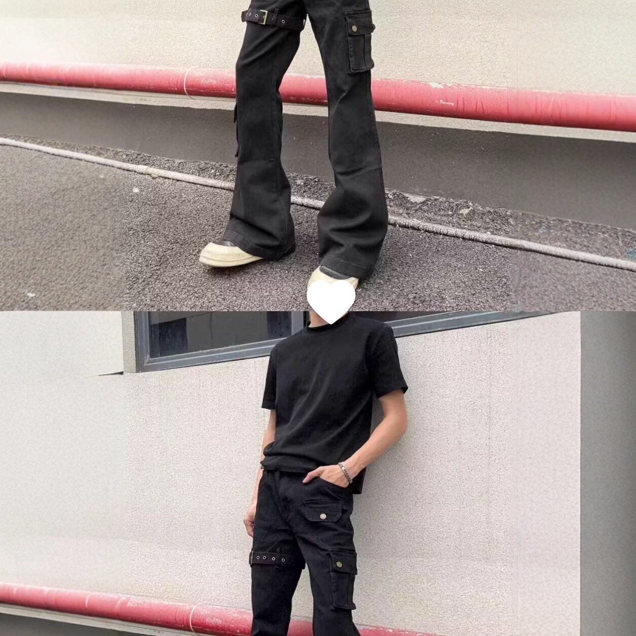 Jean cargo évasé à lacets noir pour homme, collection printemps-automne, style américain tendance, coupe slim et jambes pattes d'éléphant._voghion.com