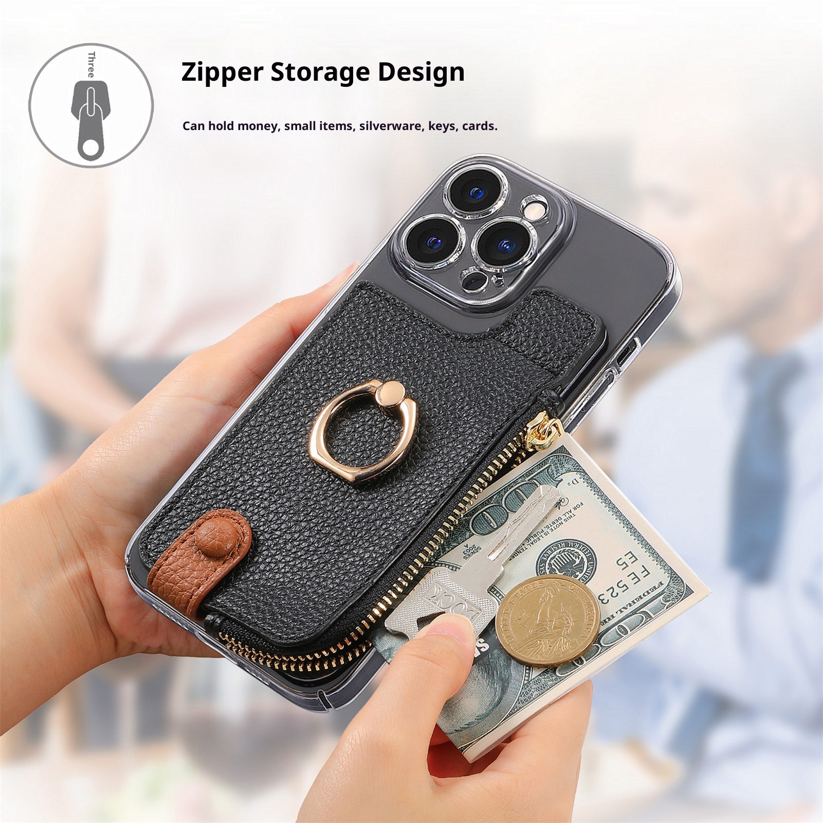 Portafoglio da polso in pelle con clip per monete e adesivo posteriore TechGlobe, porta carte d'identità antifurto RFID_voghion.com