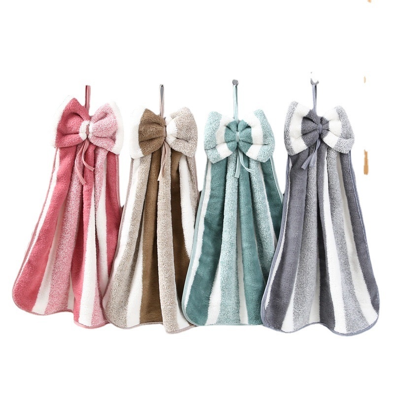 Lillian Coral Fleece Wide Ribbon Bow Kitchen Bathroom Hand Soft Absorbent Hanging Towel Cloth_voghion.com