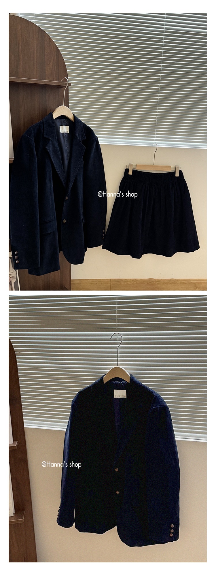 ragazza Ragazza Coreana SMO*THMO*D Retro Velluto a coste Blu Navy Blazer Elastico in Vita Gonna Set per Donna Primavera e Autunno_voghion.com