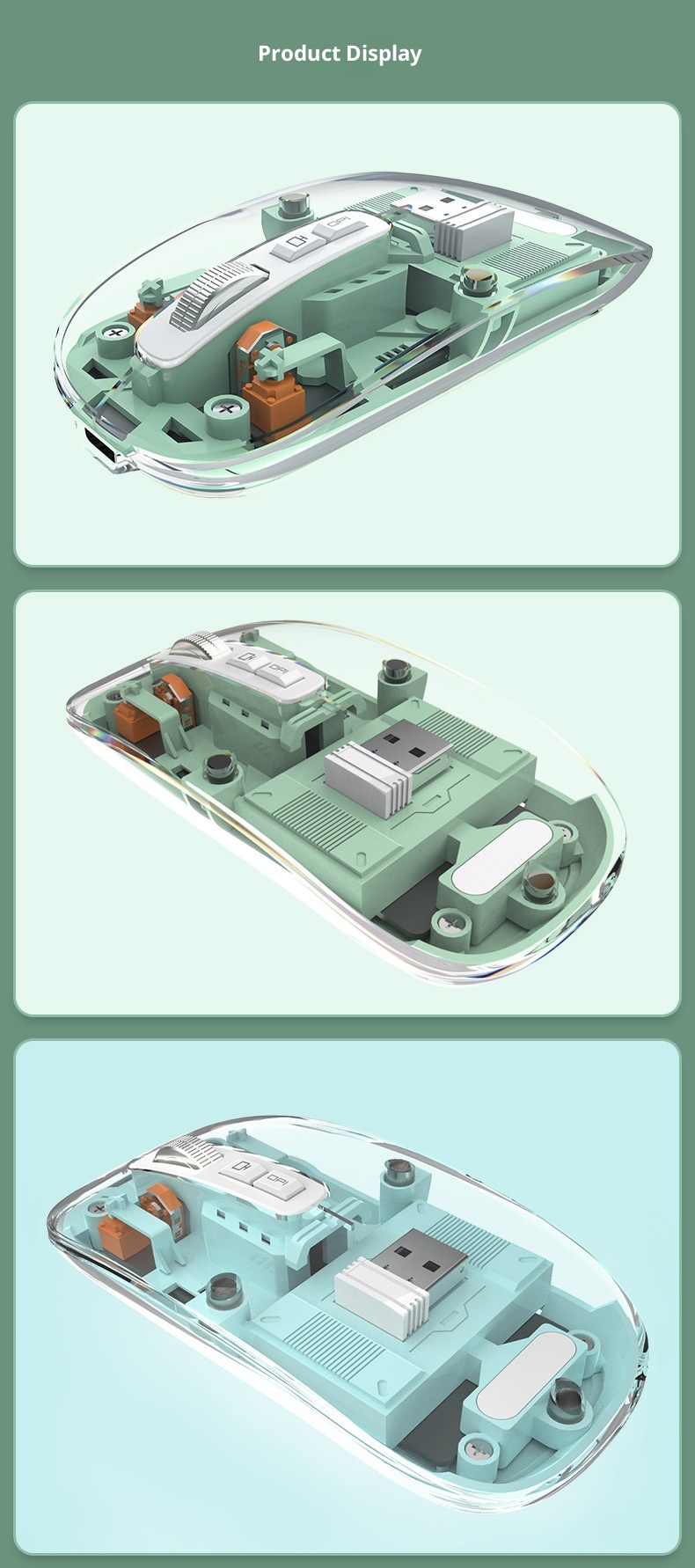 Mouse ottico da gioco silenzioso per computer, modello ricaricabile, trasparente, wireless, Bluetooth, a tre modalità, personalizzato da Techglobe_voghion.com