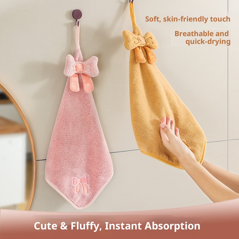 Lillian Asılı Fiyonklu Sevimli Karikatür Mercan Polar Kumaş Mutfak Banyo Emici El Havlusu_voghion.com