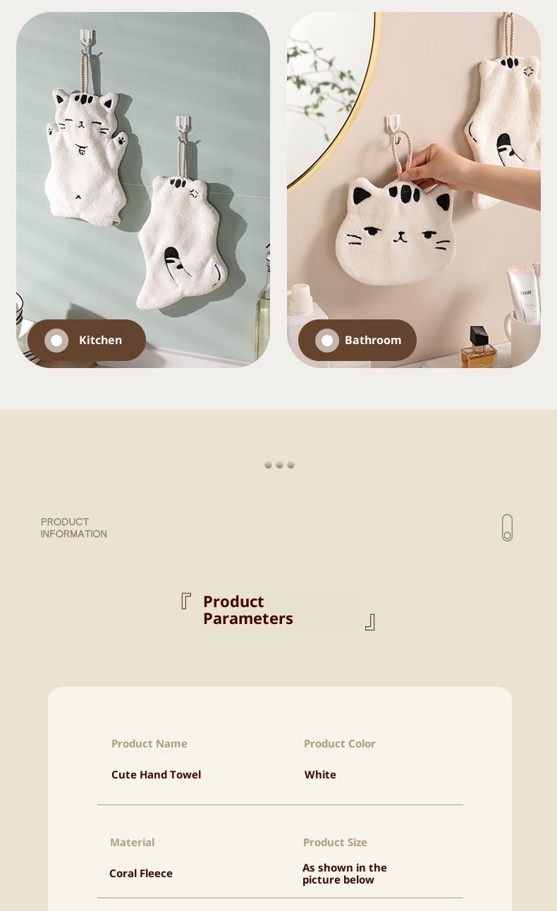 Lillian Absorbent Cute Cat Bathroom Kitchen Hanging Non-Shedding Coral Fleece Small Hand Towel_voghion.com